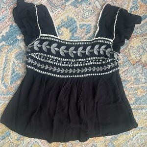 Altar’d State black flowy blouse with cream embroidery